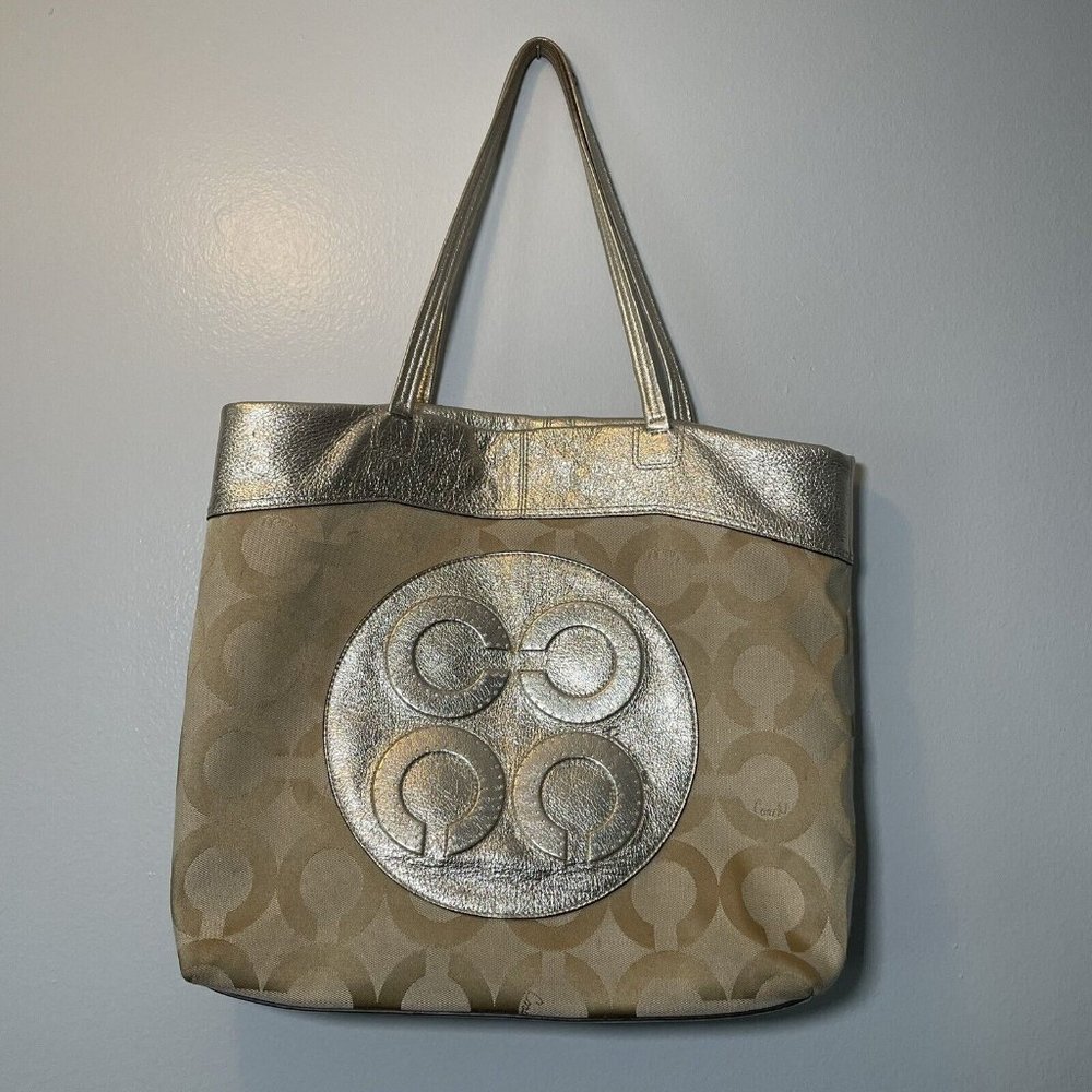 Coach Julia Op Art Signature Khaki Gold Leather Shoulder Bag Tote **SEE PHOTOS**